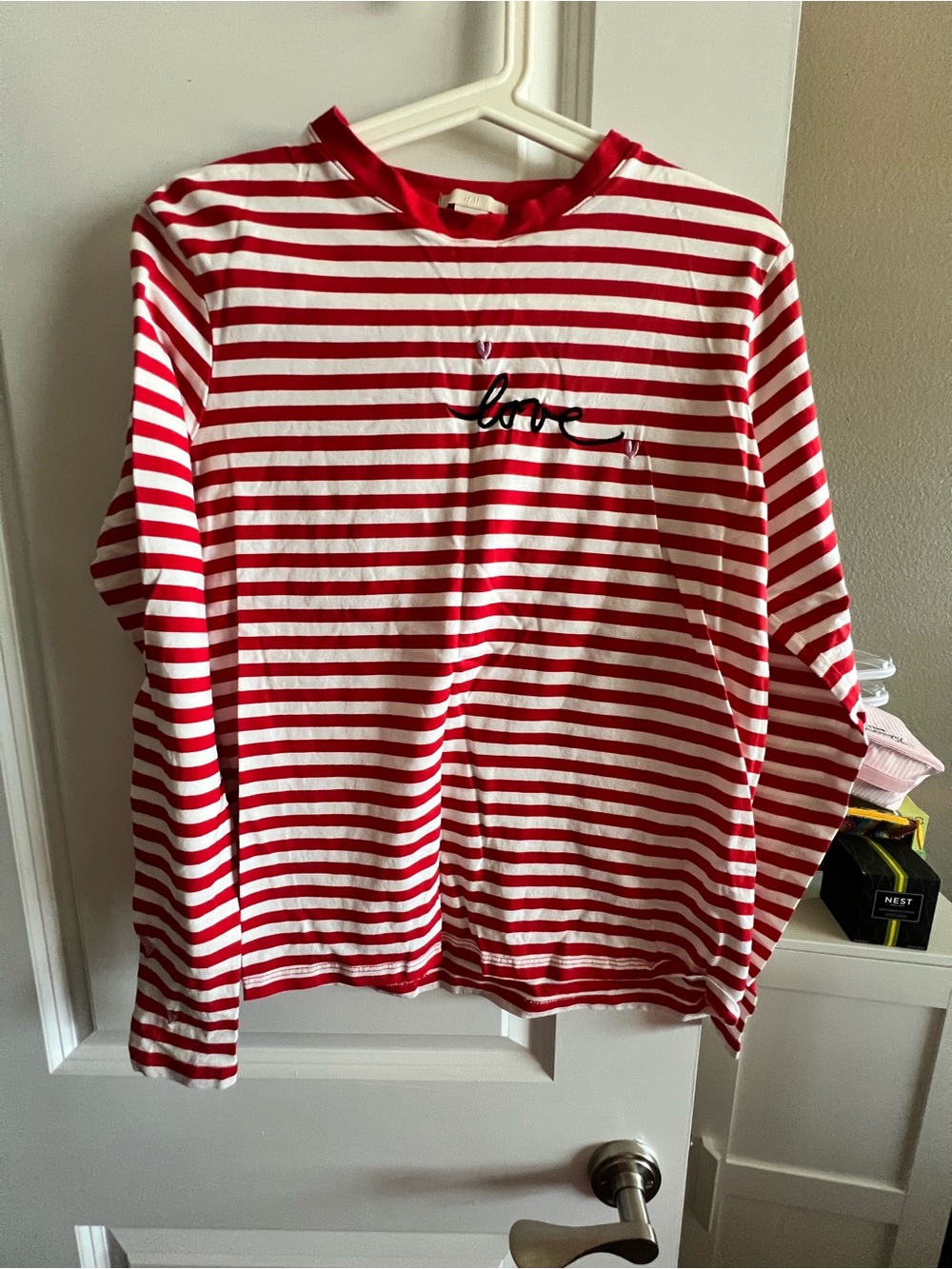 H&M Red & White Striped Long-Sleeve Woman’s  Top with Black 'love' Script